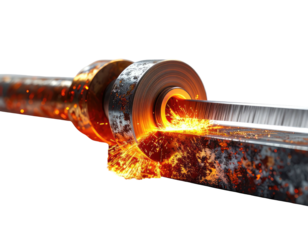 Metal rod being shaped with intense heat, sparks, and industrial process