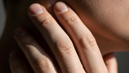 Lifestyle wellness image focusing on male skin detail, relaxation and body awareness in neutral tones.