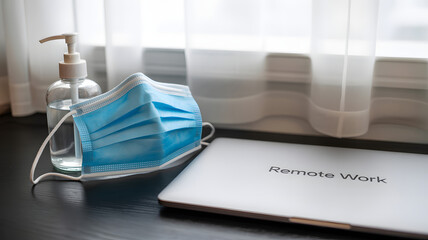 Surgical Face Mask and Hand Sanitizer on Office Desk with Laptop, Workplace Hygiene Concept