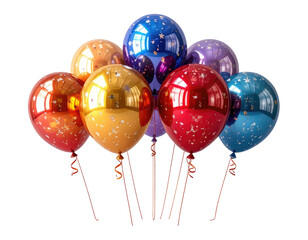 Colorful balloons, some with star sparkles, on strings, black background