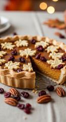 Fototapeta premium Close-up of pumpkin pie with leaf-shaped crust and cranberries, symbolizing autumn harvest, festivity, and culinary enjoyment, perfect for holiday season