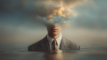 Businessman in suit with clouds instead of head above water, surreal metaphor of thoughts uncertainty
