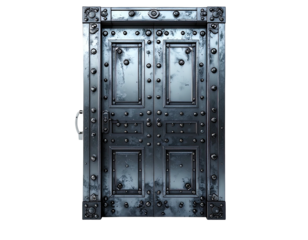 A weathered, heavy, metallic door, studded, with ornate corner details