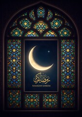 Decorative Islamic stained glass window with crescent moon and Ramadan Kareem calligraphy, elegant religious design, spiritual Muslim celebration artwork.