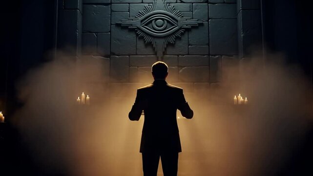 The silhouette of a man in a suit makes a gesture with his hands in front of an eye symbol surrounded by glowing mist and candles, creating an atmosphere of mystery and occultism. Secret Masonic order