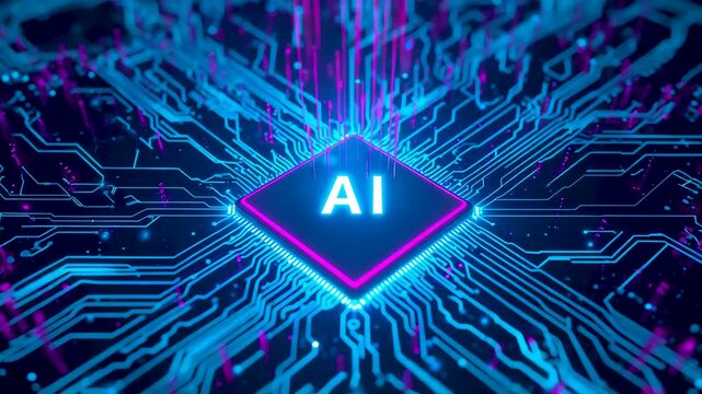 Glowing AI microchip with circuitry lines on a dark technological background