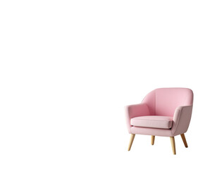 Pink upholstered armchair with wooden legs in minimalist white space