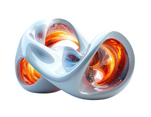 3D-rendered white and orange swirling form with internal fiery energy