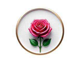 Pink rose encircled by a rounded golden frame with white background, detailed petals and green stem
