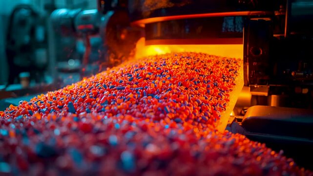 Industrial conveyor belt carrying hot red plastic pellets inside a manufacturing machine