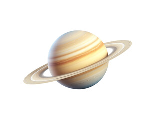 Planet saturn with wide tilted ring system showing creamy beige bands and smooth glow