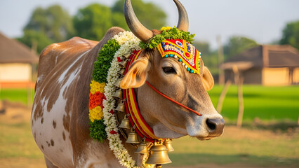 Decorated cow with colorful garlands and ornaments in rural setting