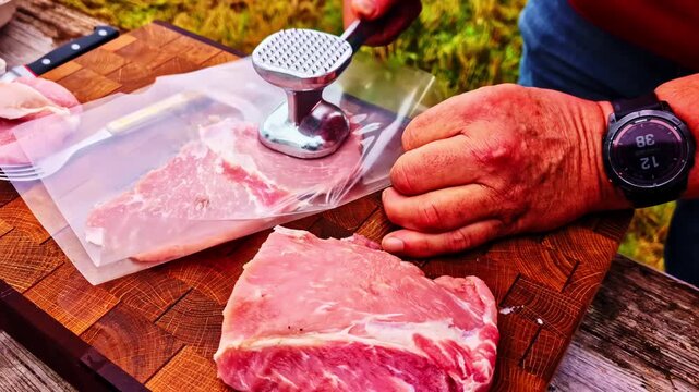 Tenderizing raw pork cutlets with meat mallet on a wooden butcher block outdoors