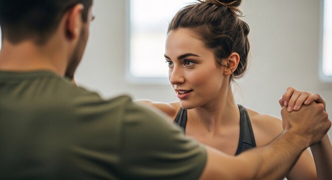 Young woman and man practicing arm wrestling in a bright gym setting showing strength determination and fitness competition with focused expressions and casual athletic wear - Powered by Adobe