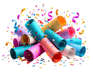 Colorful rolled paper scrolls cascade with festive confetti and ribbons