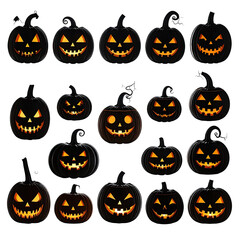 Black pumpkins with glowing jack-o'-lantern faces, set against a dark background