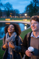 Joyful young woman and man walking by a serene lake at dusk, enjoying a beautiful evening together