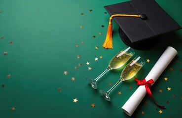 Graduation cap, diploma, champagne glasses with bubbly drink and gold star confetti on green surface. Celebrate academic achievement, university or college success. Education future beginning.
