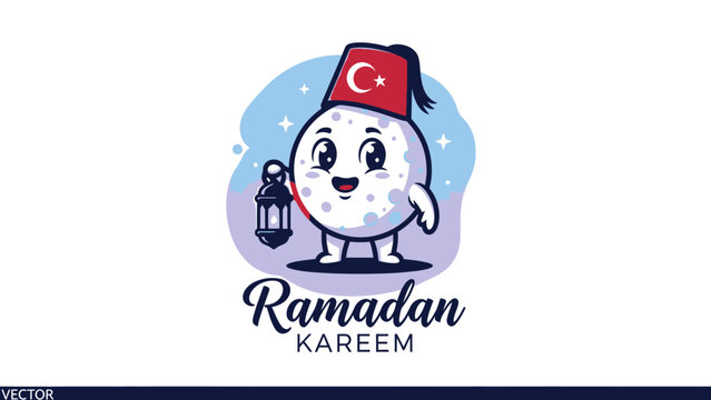 Ramadan Kareem cartoon moon character with Turkish fez hat and lantern