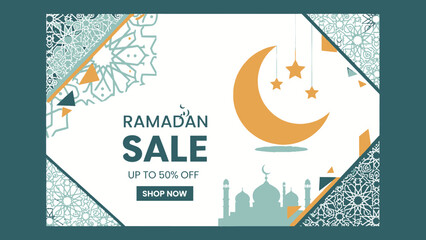 Ramadan sale banner with crescent moon and mosque silhouette