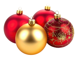 Four colorful, shiny Christmas ornaments. Two red, one gold, one patterned