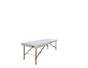 Portable massage table with cream fabric and brown wooden legs, light-weight therapy bed