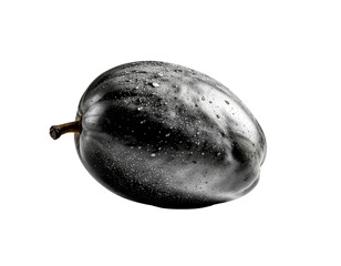 Plum with glistening dew-dotted skin and smooth dark purple surface