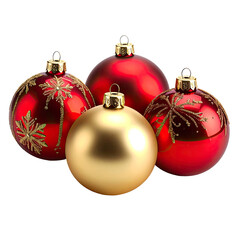 Four colorful Christmas ornaments, two red, one gold, and two with designs