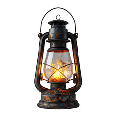 Realistic rendering of a rusted oil lantern with glowing flame and glass