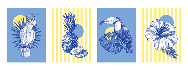 Vintage tropical exotic banner set. Parrot, toucan, tropical leaves, hibiscus. Coffee, restaurant, food packaging, event decor poster concept. Hand drawn sketch vector illustration. © pim