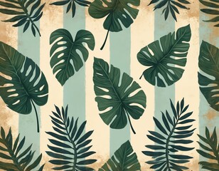 Fototapeta premium Tropical leaves pattern with grunge texture on striped background. Dark green monstera and palm fronds repeat across fabric. Natural botanical design for summer vibes.