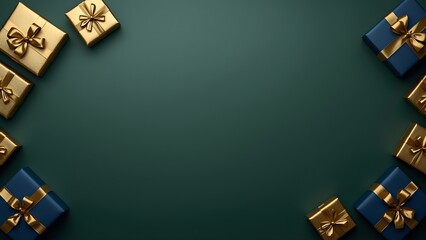 Minimal Christmas Banner with Copy Space, Elegant Gift Boxes, and Holiday Decorations on Dark Background