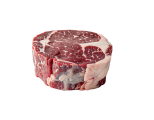 Prime rib chop with marbling and bone edge on clean white background