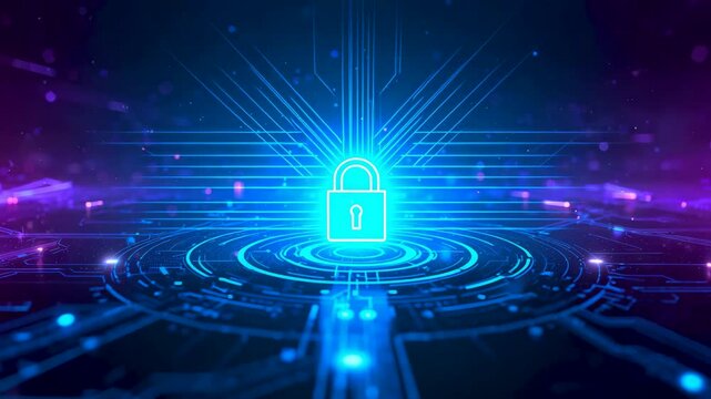 Glowing blue padlock icon centered on a circular digital platform with radiating light lines