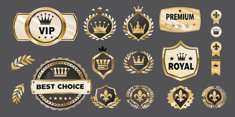 Collection of golden badges labels and emblems with royal and premium themes
