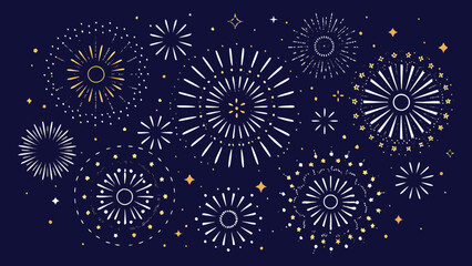 Celebratory fireworks display with sparkling gold and white bursts on dark blue