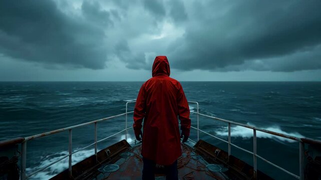 Person wearing a red raincoat standing on a ship deck facing a stormy ocean under dark clouds