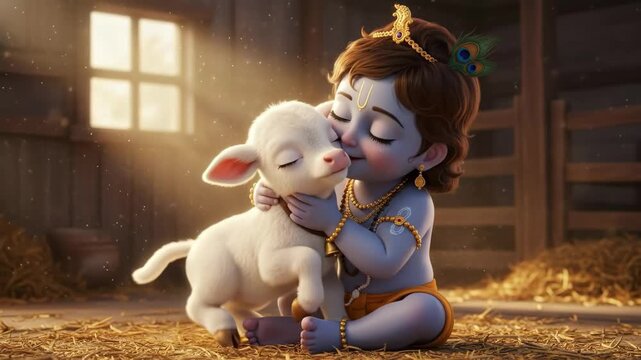 4K Video: Little Krishna hugging a cute lamb in a rustic barn