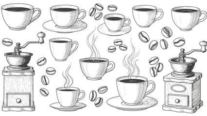 Coffee Cups and Coffee Grinders Illustration.