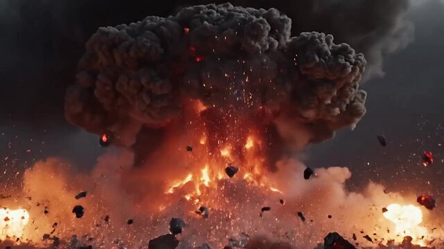 Massive explosion with fire and smoke blowing rocks into the air