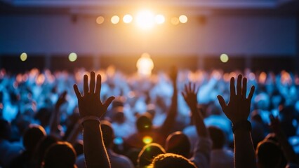 Crowd of People at Concert with Hands Raised and Bright Stage Lighting Creating Exciting Atmosphere for Music Event or Festival Experience
