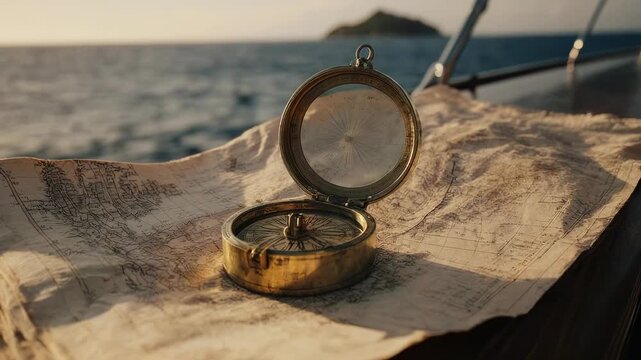 Vintage Brass Compass And Old Map On A Wooden Yacht Deck With Ocean Sunset Horizon Background