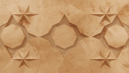 A close-up view of an intricately designed beige stone wall featuring carved star and hexagon patterns ramadan kareem mubarak