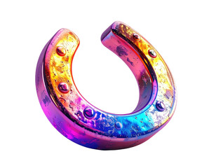 A vibrant, metallic horseshoe with iridescent rainbow hues against black