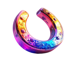 A vibrant, metallic horseshoe with iridescent rainbow hues against black