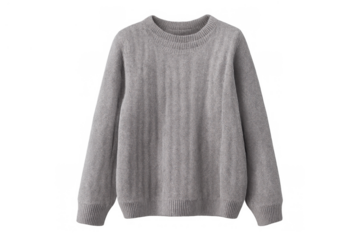 Gray knitted wool long sleeve crew neck sweater, pullover garment for men or women, comfortable cold weather fashion on transparent background