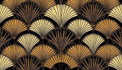 A luxurious gold and black pattern featuring intricate fan designs on a sleek background ramadan kareem mubarak