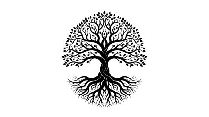 Black Silhouette of Tree with Roots.