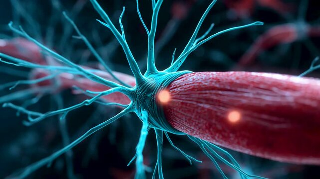 Close-up view of a neuron cell with branching axon and dendrites glowing against a dark background