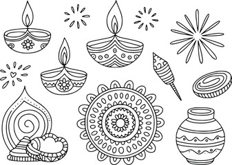 A collection of hand drawn diwali lamps decorations and festive elements